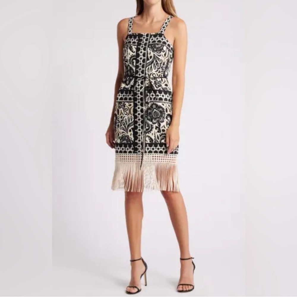 Tahari ASL Black and White Tiered Midi Sundress